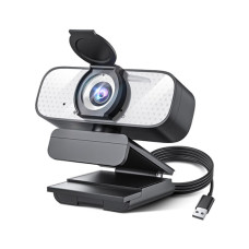 Full HD Webcam with Built-in Microphone and Rotatable Tripod, 1080P Video and Wide Angle Camera, Privacy Cover, for Desktop PC Laptop Computer White